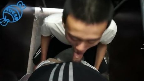 Chinese boy blowjob and cumshot in public toilet