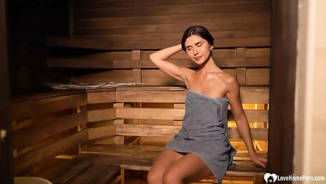 Sauna sex with a hot brunette babe